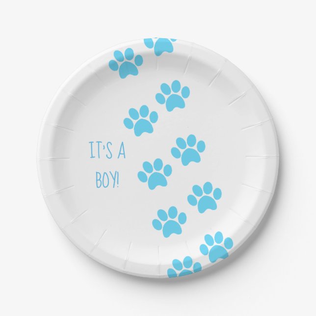 Animal Paw Prints Pets It's a Boy Baby Shower Paper Plate (Front)