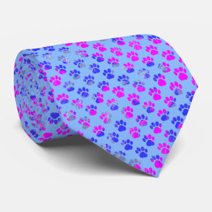 Animal Paw Silhouette Blue Pink on Blue Neck Tie