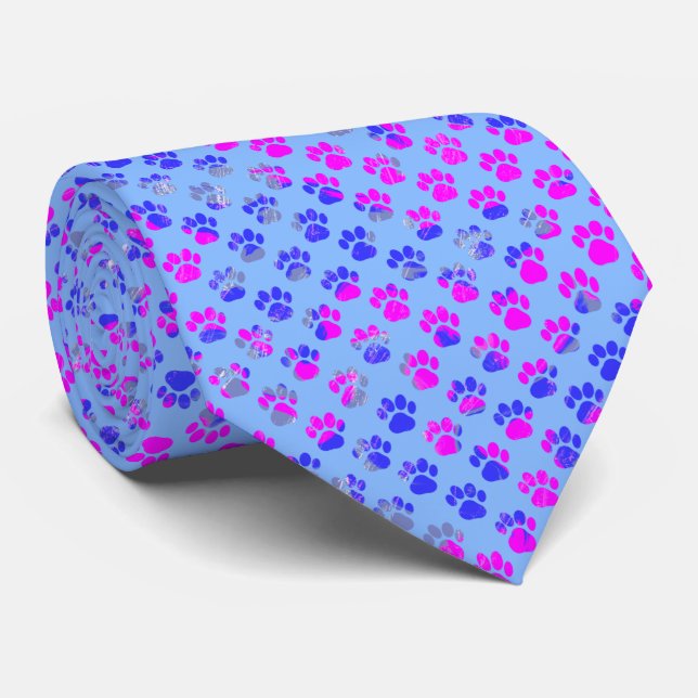 Animal Paw Silhouette Blue Pink on Blue Neck Tie (Rolled)