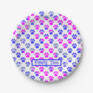 Animal Paw Silhouette Blue Pink Pawty Paper Plate