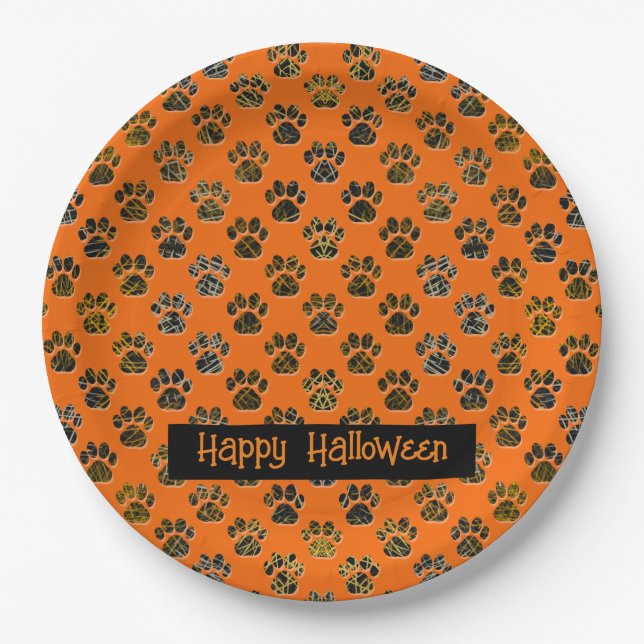 Animal Paw Silhouette Halloween Pawty Orange Paper Plate (Front)