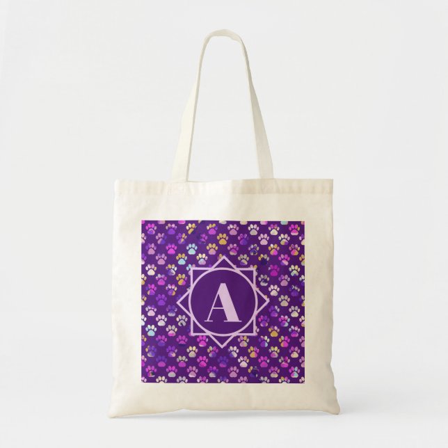 Animal Paw Silhouette Purple Custom Monogram Tote Bag (Front)