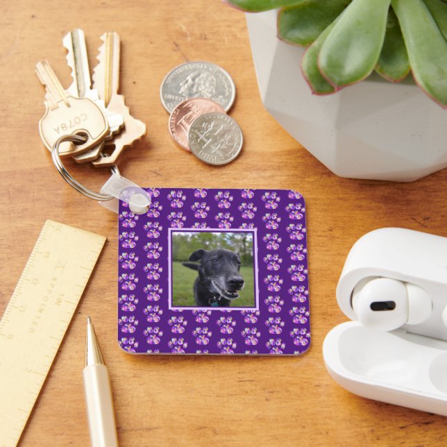 Animal Paw Silhouette Purple Custom Photo Key Ring (Desk)