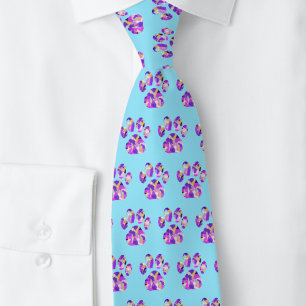 Animal Paw Silhouette Purple Pink on Blue Neck Tie