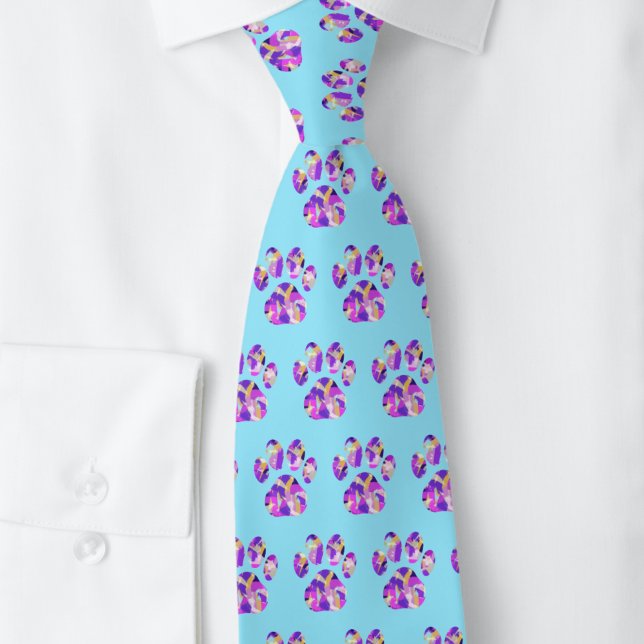 Animal Paw Silhouette Purple Pink on Blue Neck Tie (Paws pattern blue tie)
