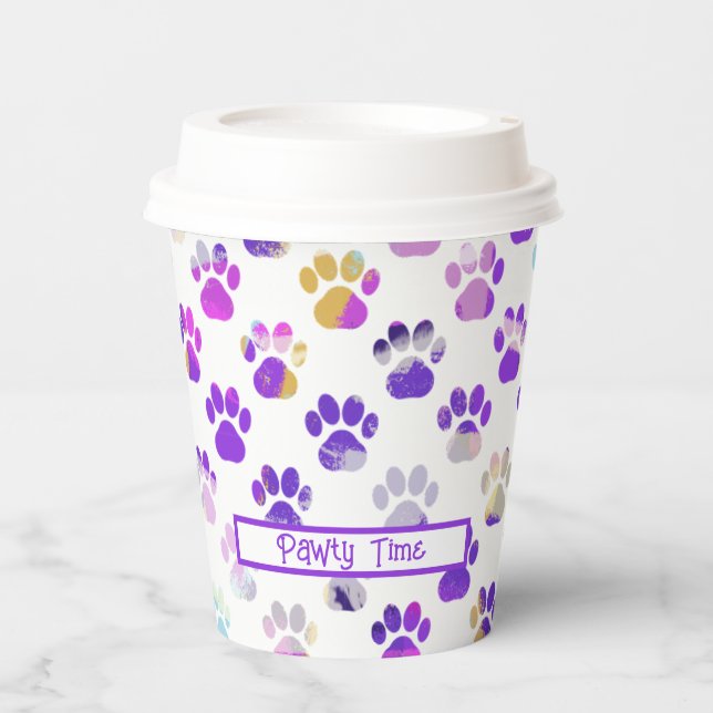 Animal Paw Silhouette Purple Pink Pawty Paper Paper Cups (Front)