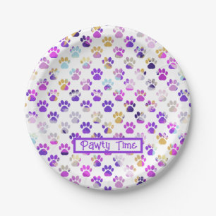 Animal Paw Silhouette Purple Pink Pawty Paper Plate
