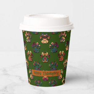 Animal Paw Silhouette Thanksgiving Pawty Dk Green Paper Cups