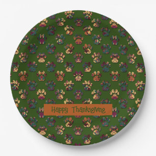 Animal Paw Silhouette Thanksgiving Pawty Dk Green Paper Plate