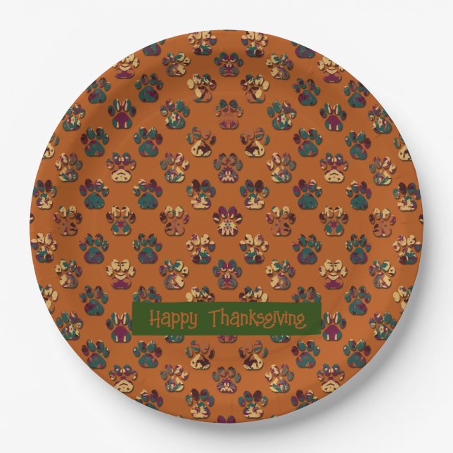 Animal Paw Silhouette Thanksgiving Pawty Dk Orange Paper Plate (Front)