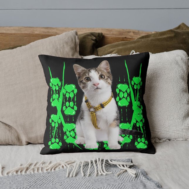 Animal Pet Cat Photo Lime Pattern Black Customised Cushion (Creator Uploaded)