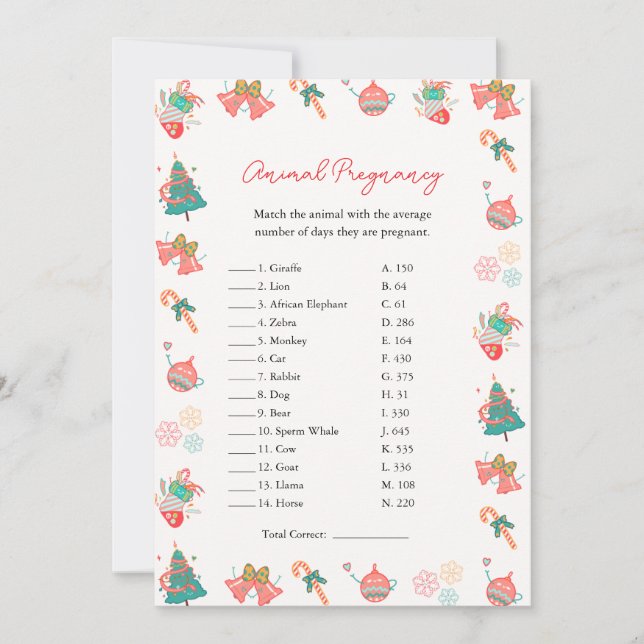 Animal Pregnancy Game Christmas Baby Shower Card (Front)