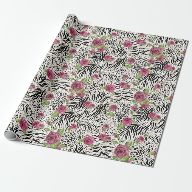 Animal Print and Roses Wrapping Paper (Unrolled)