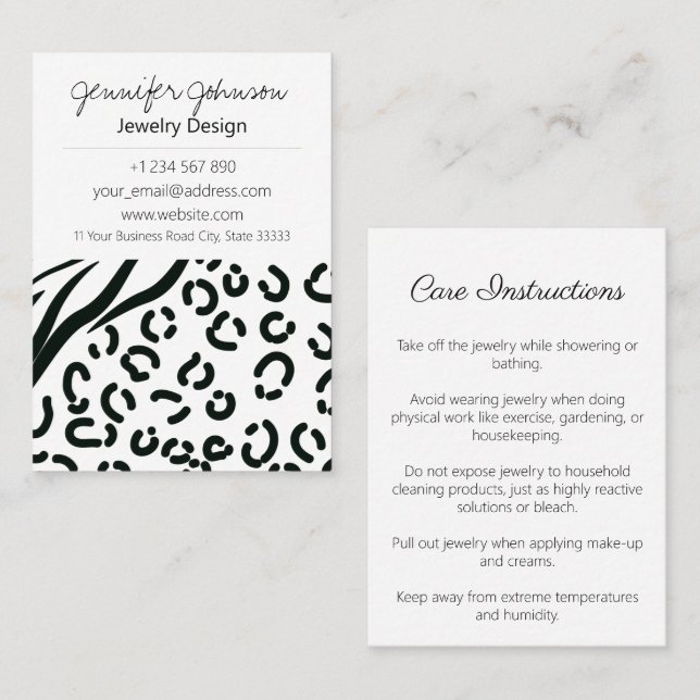 Animal Print Black and White Jewellery Care Cards (Front/Back)