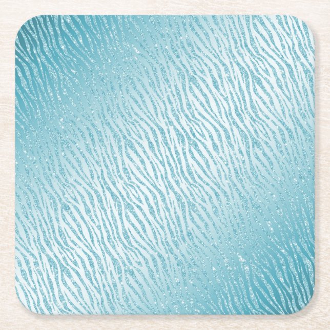 Animal Print Blue Glitter Glam Square Paper Coaster (Front)