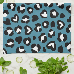 Animal Print, Blue Leopard, Cheetah Spots, Hearts Tea Towel