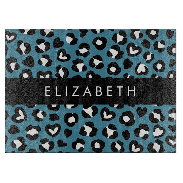 Animal Print, Blue Leopard, Hearts, Your Name Cutting Board (Front)