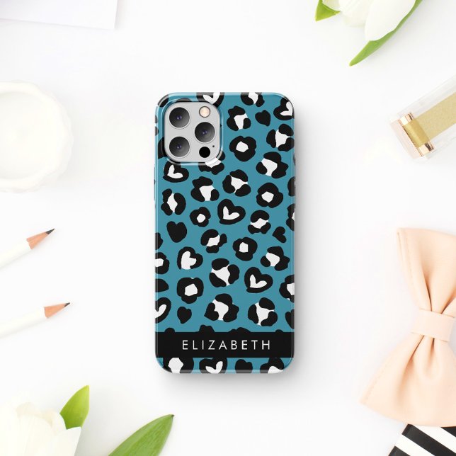 Animal Print, Blue Leopard, Hearts, Your Name iPhone 16 Case (Creator Uploaded)