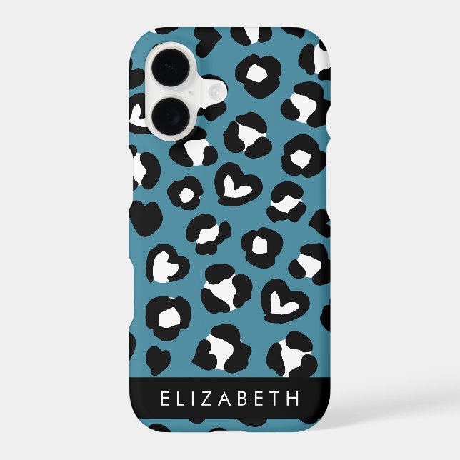 Animal Print, Blue Leopard, Hearts, Your Name iPhone Case (Back)