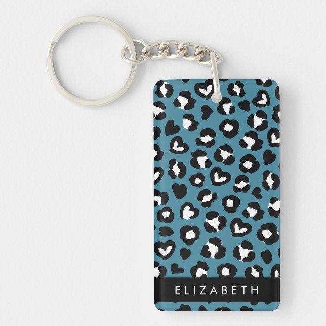 Animal Print, Blue Leopard, Hearts, Your Name Key Ring (Front)