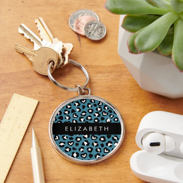 Animal Print, Blue Leopard, Hearts, Your Name Key Ring (Desk)