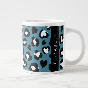 Animal Print, Blue Leopard, Hearts, Your Name Large Coffee Mug