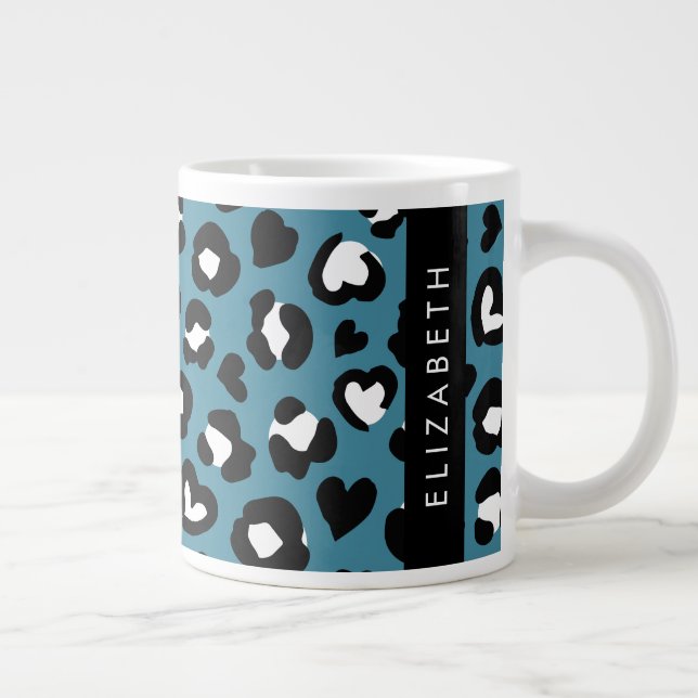 Animal Print, Blue Leopard, Hearts, Your Name Large Coffee Mug (Right)