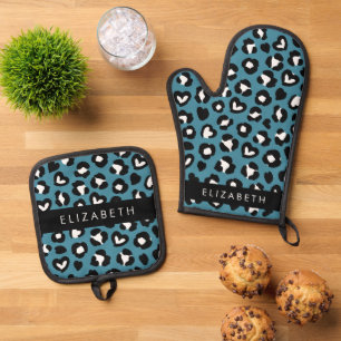 Animal Print, Blue Leopard, Hearts, Your Name Oven Mitt & Pot Holder Set