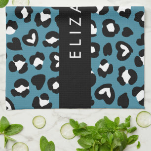 Animal Print, Blue Leopard, Hearts, Your Name Tea Towel