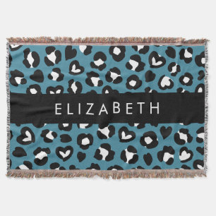 Animal Print, Blue Leopard, Hearts, Your Name Throw Blanket