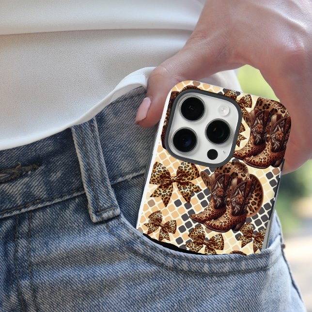 Animal print boots and bows, cheetah iphone case (animal print cowgirl boots and bows with a leather look snakeskin background)