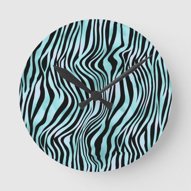 Animal Print Bright Blue Zebra Skin Turquoise Round Clock (Front)