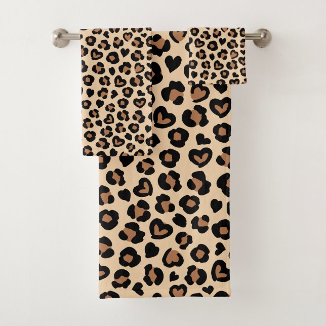 Animal Print, Brown Leopard, Cheetah Spots, Hearts Bath Towel Set (Insitu)