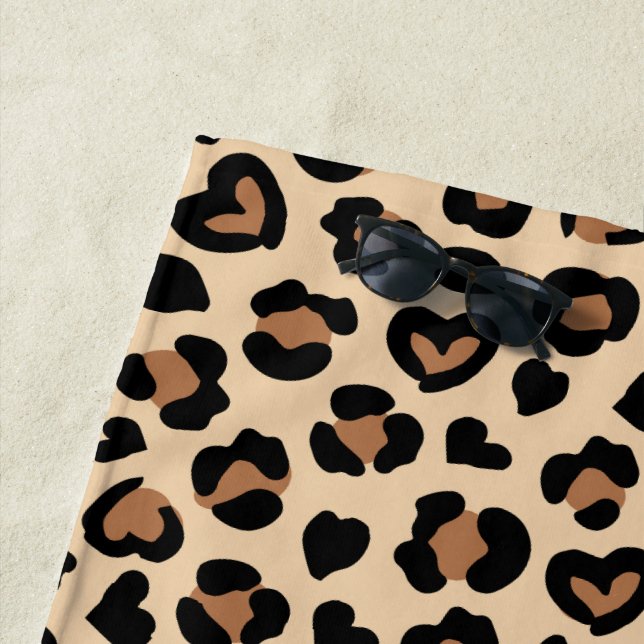 Animal Print, Brown Leopard, Cheetah Spots, Hearts Beach Towel (In Situ)