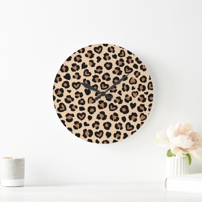 Animal Print, Brown Leopard, Cheetah Spots, Hearts Large Clock (Home)