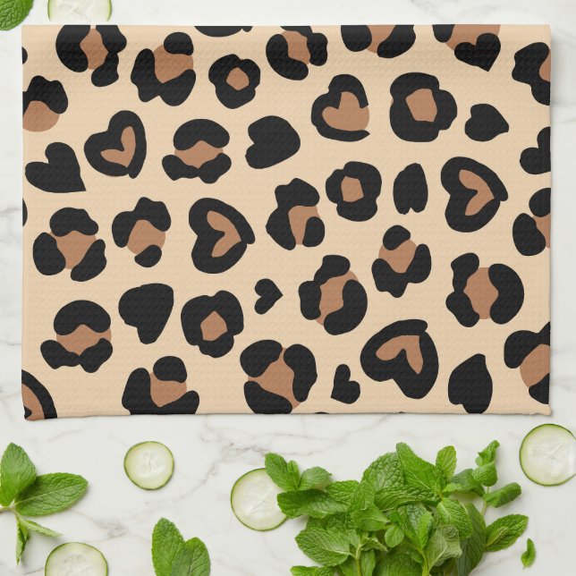 Animal Print, Brown Leopard, Cheetah Spots, Hearts Tea Towel (Folded)