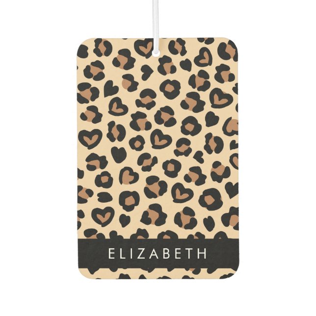 Animal Print, Brown Leopard, Hearts, Your Name Car Air Freshener (Front)