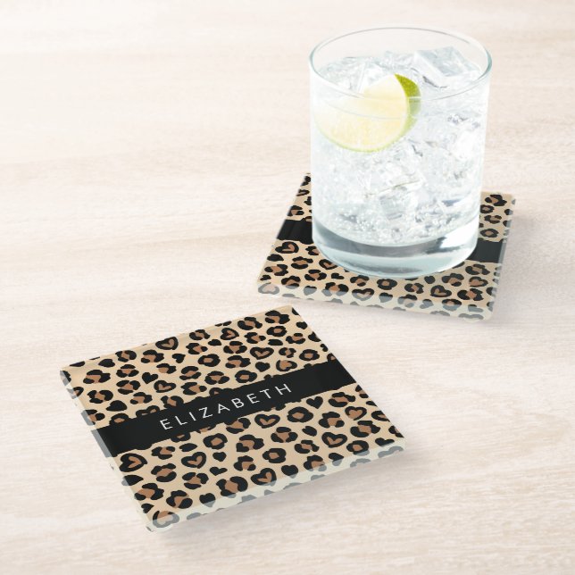 Animal Print, Brown Leopard, Hearts, Your Name Glass Coaster (Angled)