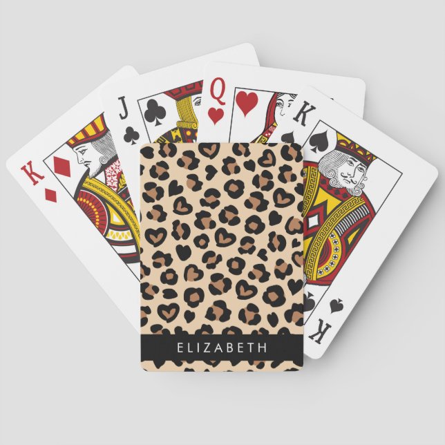 Animal Print, Brown Leopard, Hearts, Your Name Playing Cards (Back)