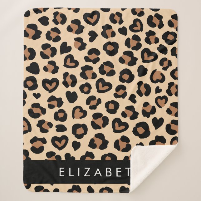 Animal Print, Brown Leopard, Hearts, Your Name Sherpa Blanket (Front)