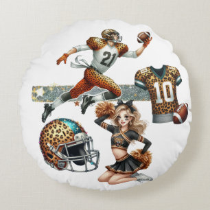 Animal Print Football Cheerleader T-Shirt Round Cushion