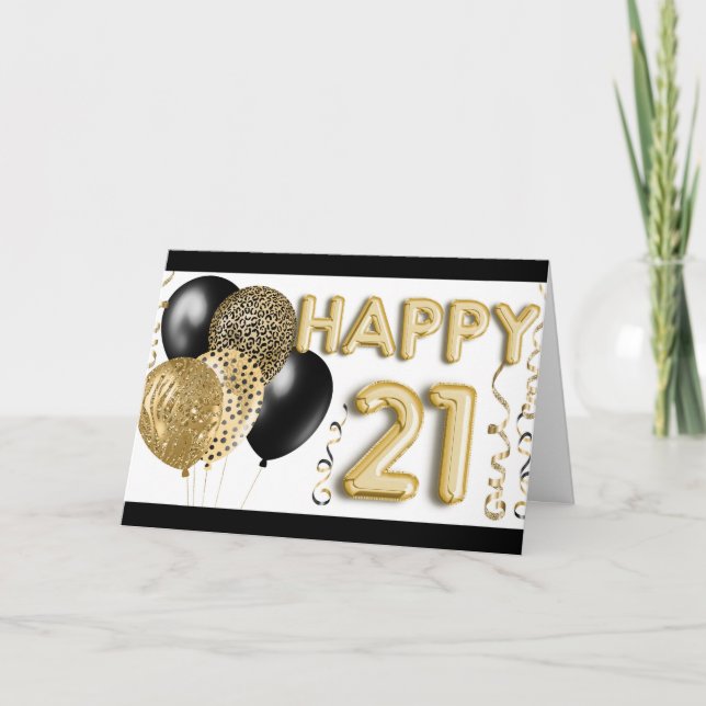 Animal Print & Gold Balloons Happy 21st Birthday Card (Front)