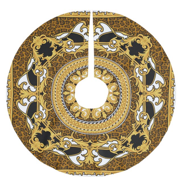 Animal Print Golden Scrolls Silk Brushed Polyester Tree Skirt (Front)