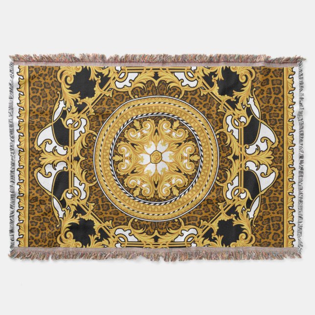 Animal Print Golden Scrolls Silk Throw Blanket (Front)