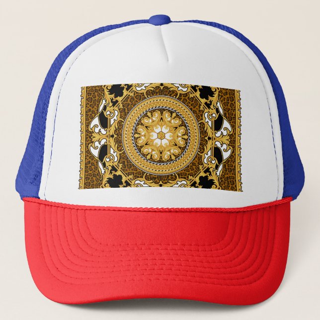 Animal Print Golden Scrolls Silk Trucker Hat (Front)