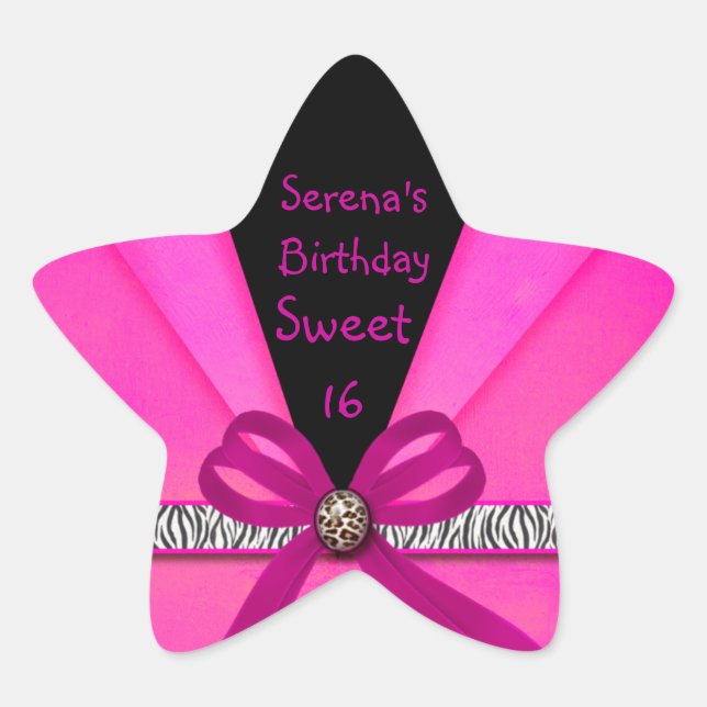 Animal Print Hot Pink & Black Folded Sweet 16 Star Sticker (Front)