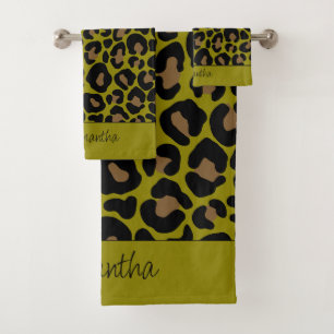 Animal print leopard olive green black custom name bath towel set