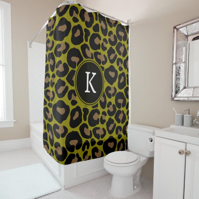 Animal print leopard olive green black initial shower curtain (In Situ)