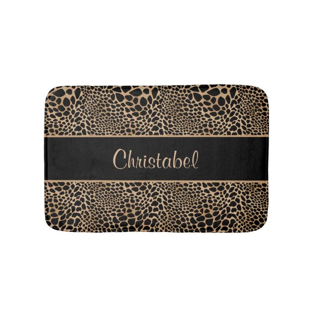 Animal Print Leopard Spots Black & Tan Custom Name Bath Mat (Front)