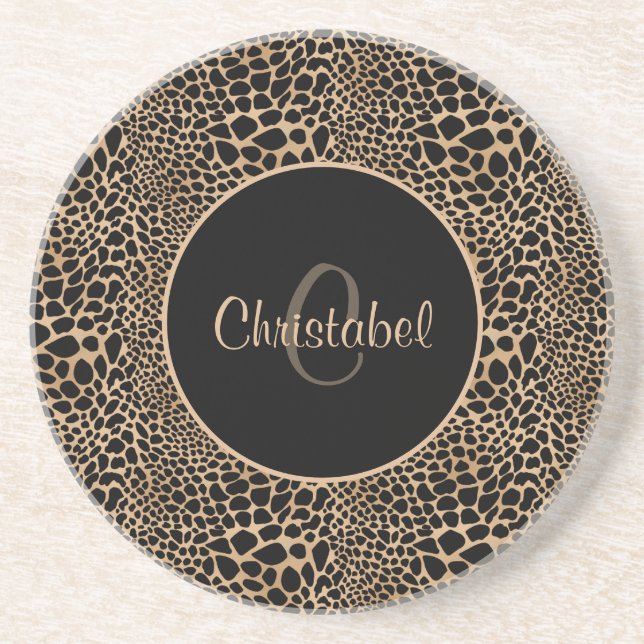 Animal Print Leopard Spots Black & Tan Custom Name Coaster (Front)